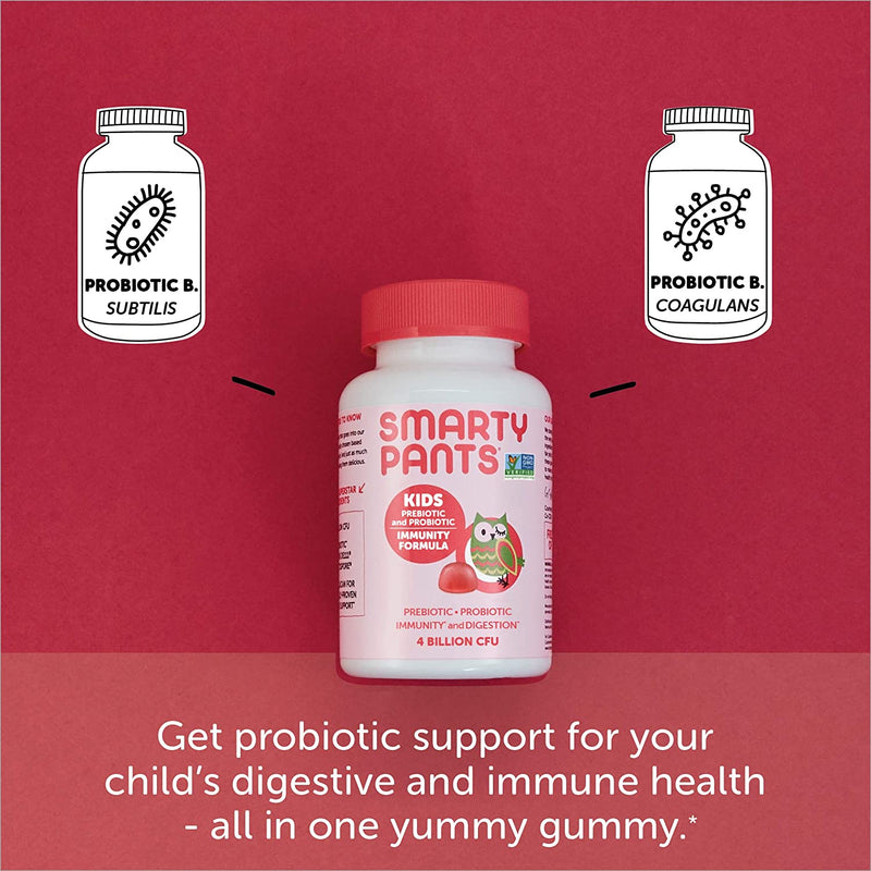 SmartyPants Kids Probiotic Immunity Gummies: Prebiotics and Probiotics for Immune Support and Digestive Comfort, Strawberry Flavor, 90 Gummy Vitamins, 90 Day Supply, No Refrigeration Required