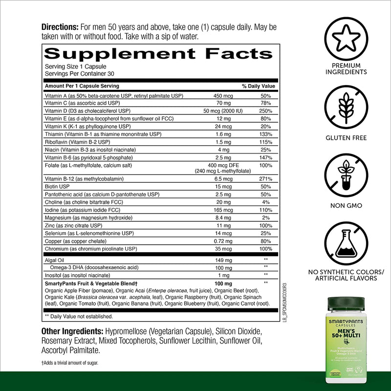 SmartyPants Multivitamin for Men 50+; Omega-3 DHA; Zinc for Immunity; Vitamins D3, C, B6; B12 for Energy, Vitamin A for Eyes; Folate, Selenium; Vegetarian (30 Day Supply)