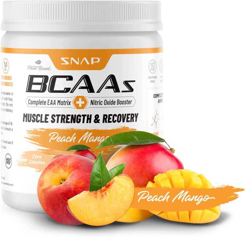 Snap BCAA Powder Essential Amino Supplement with Nitric Oxide Booster - Mango and Peach Flavor -Pre Workout Powder, Recovery Supplements Post Workout, Muscle Strength, BCAA for Women and Men (30 Servings)