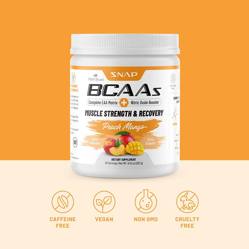 Snap BCAA Powder Essential Amino Supplement with Nitric Oxide Booster - Mango and Peach Flavor -Pre Workout Powder, Recovery Supplements Post Workout, Muscle Strength, BCAA for Women and Men (30 Servings)