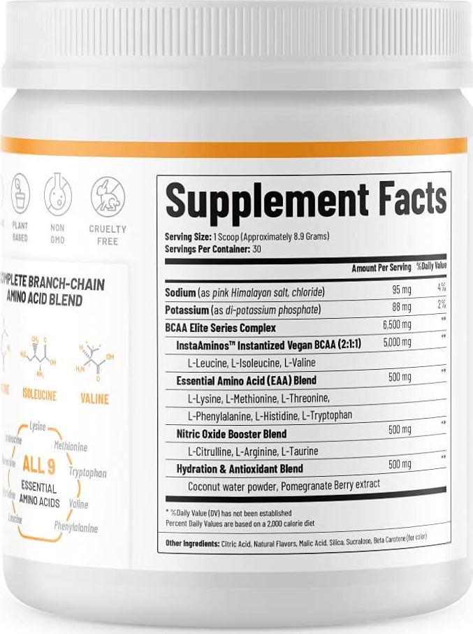 Snap BCAA Powder Essential Amino Supplement with Nitric Oxide Booster - Pre Workout Powder, Recovery Supplements Post Workout, Muscle Strength, BCAA for Women and Men (30 Servings) (Peach Mango)