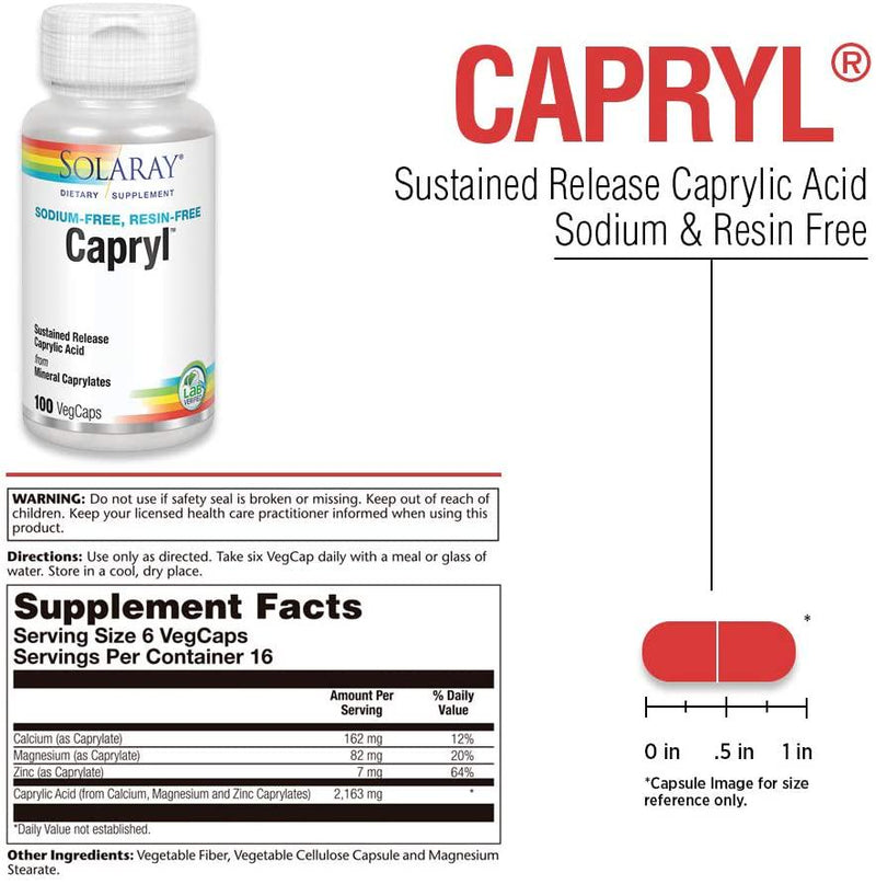 Solaray Capryl | Sustained Release Caprylic Acid | Healthy Gastrointestinal Tract Support | 16 Servings | 100 VegCaps