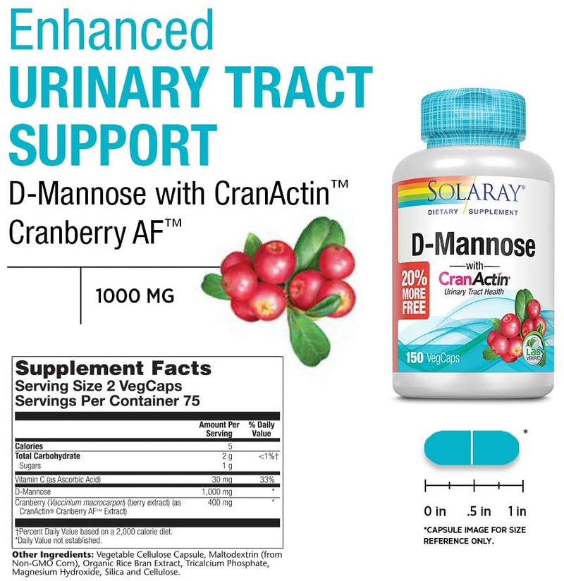 Solaray D-Mannose w/CranActin Cranberry Extract 1000mg w/VIT C | Healthy Urinary Tract Support | 75 Serv | 150 VegCaps