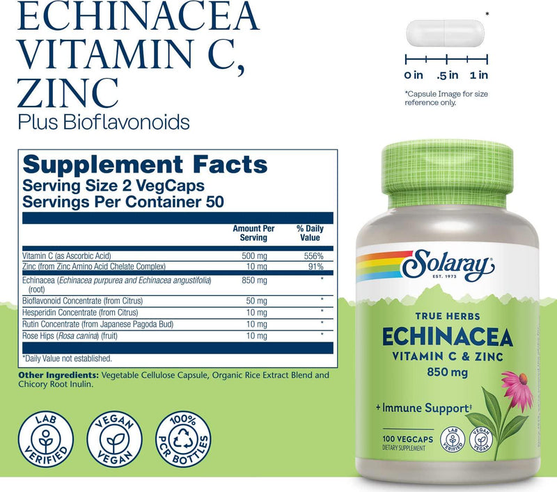 Solaray - Echinacea Root with Vitamin C and Zinc - 100 Capsules