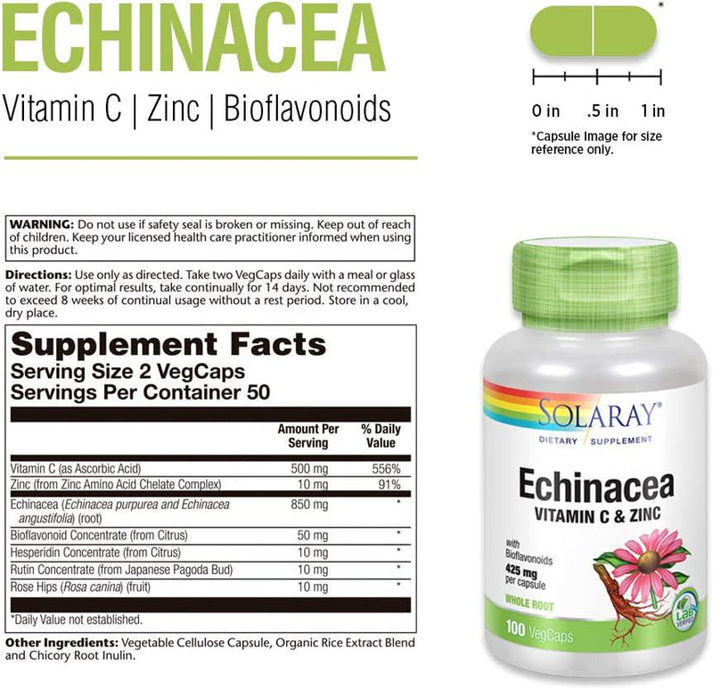 Solaray - Echinacea Root with Vitamin C and Zinc - 100 Capsules