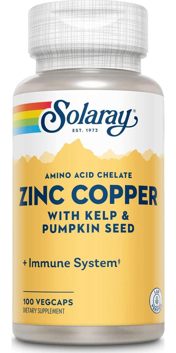 Solaray Zinc Copper Amino Acid Chelates, Healthy Cellular, Heart and Thyroid Function Support, Vegan, 100ct, 100 serv.
