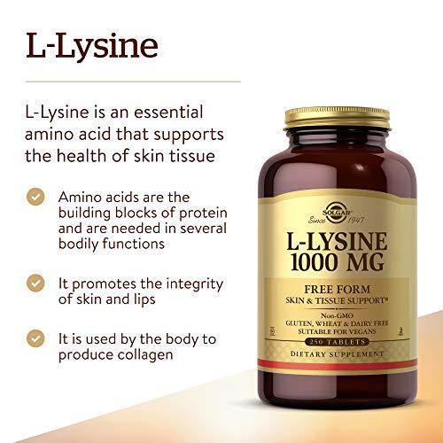 Solgar L-Lysine 1000 mg, 250 Tablets - Enhanced Absorption and Assimilation - Promotes Integrity of Skin and Lips - Collagen Support - Amino Acids - Non-GMO, Vegan, Gluten Free - 250 Servings