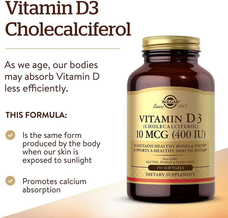 Solgar Vitamin D3 (Cholecalciferol) 10 MCG (400 IU), 250 Softgels - Helps Maintain Healthy Bones and Teeth - Immune System Support - Non-GMO, Gluten Free, Dairy Free - 250 Servings