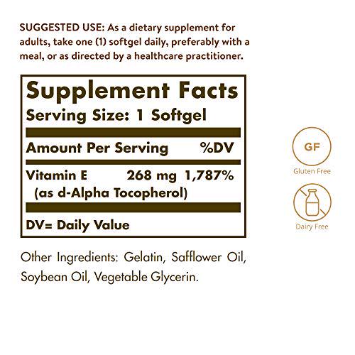 Solgar Vitamin E 268 mg (400 IU), 250 Alpha Softgels - Natural Antioxidant, Skin and Immune System Support - Naturally-Sourced Vitamin E - Gluten Free, Dairy Free - 250 Servings