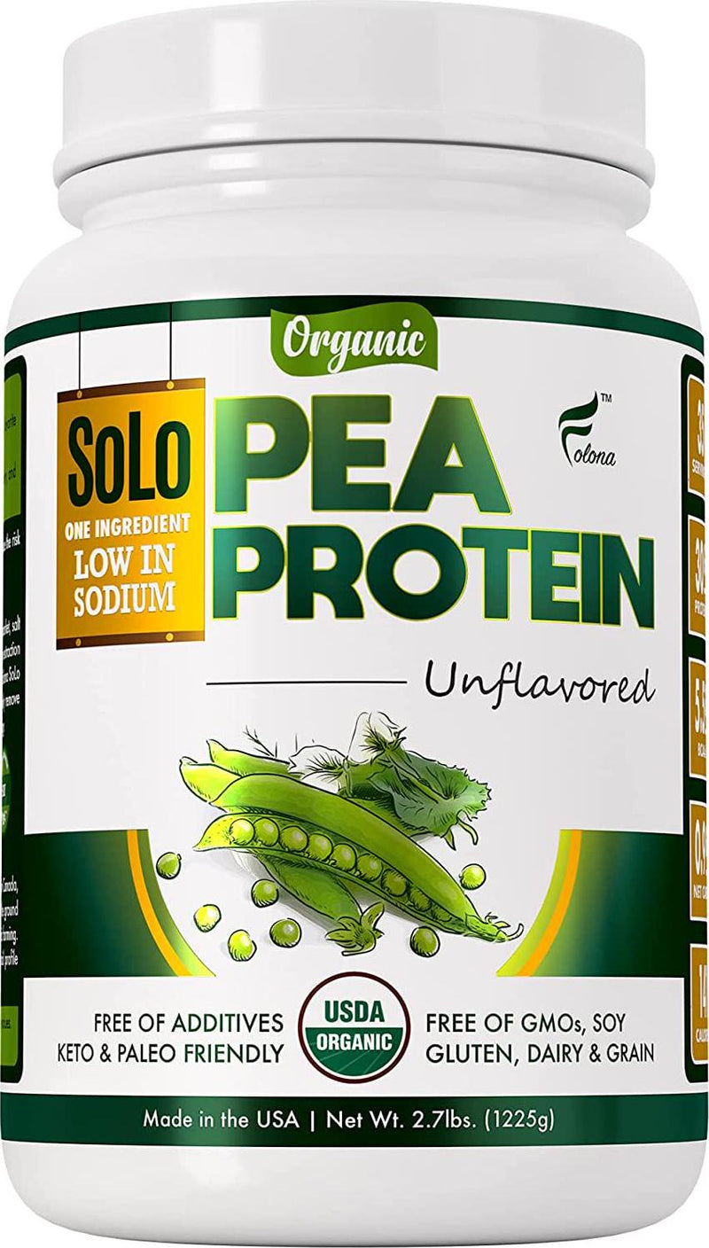 Solo Organic Pea Protein Powder, Low in Sodium, Canada Grown Peas, 100% Vegan, Non-GMO, Unflavored Plant Based Protein Powder with BCAA, Keto and Paleo Friendly, Easy to Digest, No Additives (2.7 lbs)