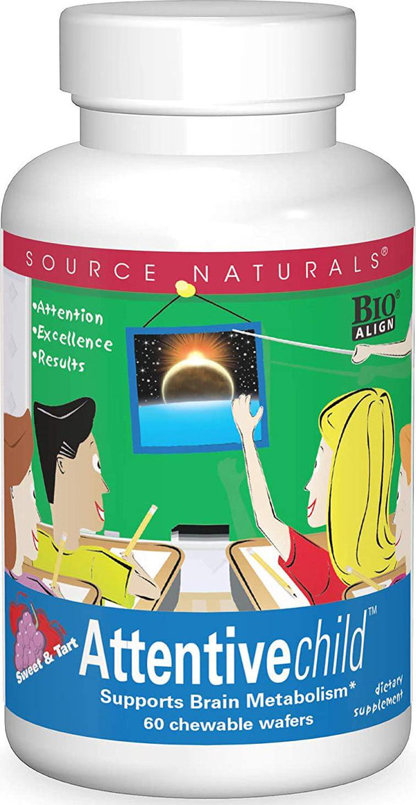 Source Naturals Attentive Child - Healthy Cognitive Nutrients For Active Children - Improved Focus and Attention with DMAE, Magnesium, Zinc and Grape Seed Extract - 60 Chewable Wafers.