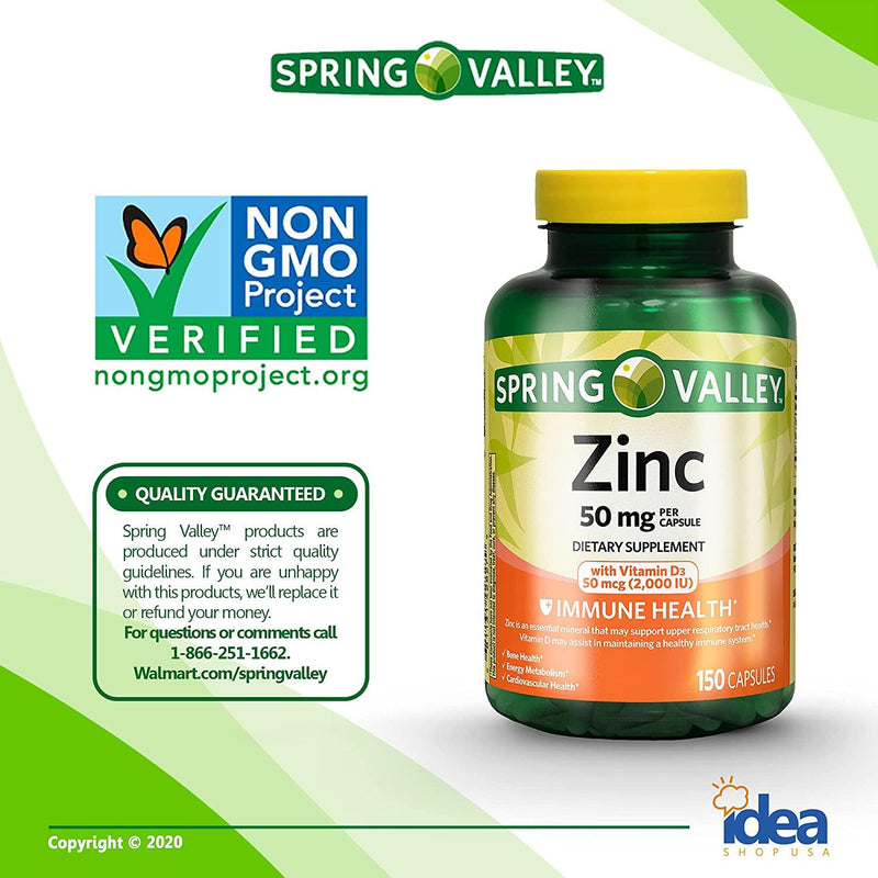 Spring Valley Zinc 50 mg with Vitamin D3 50 mcg Capsules + “Vitamins and Minerals - A to Z - Better Idea Guide (2 Pack 300 ct)