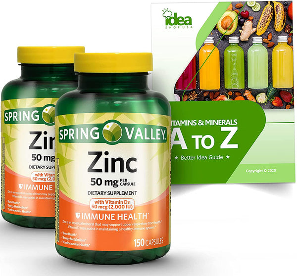 Spring Valley Zinc 50 mg with Vitamin D3 50 mcg Capsules + “Vitamins and Minerals - A to Z - Better Idea Guide (2 Pack 300 ct)