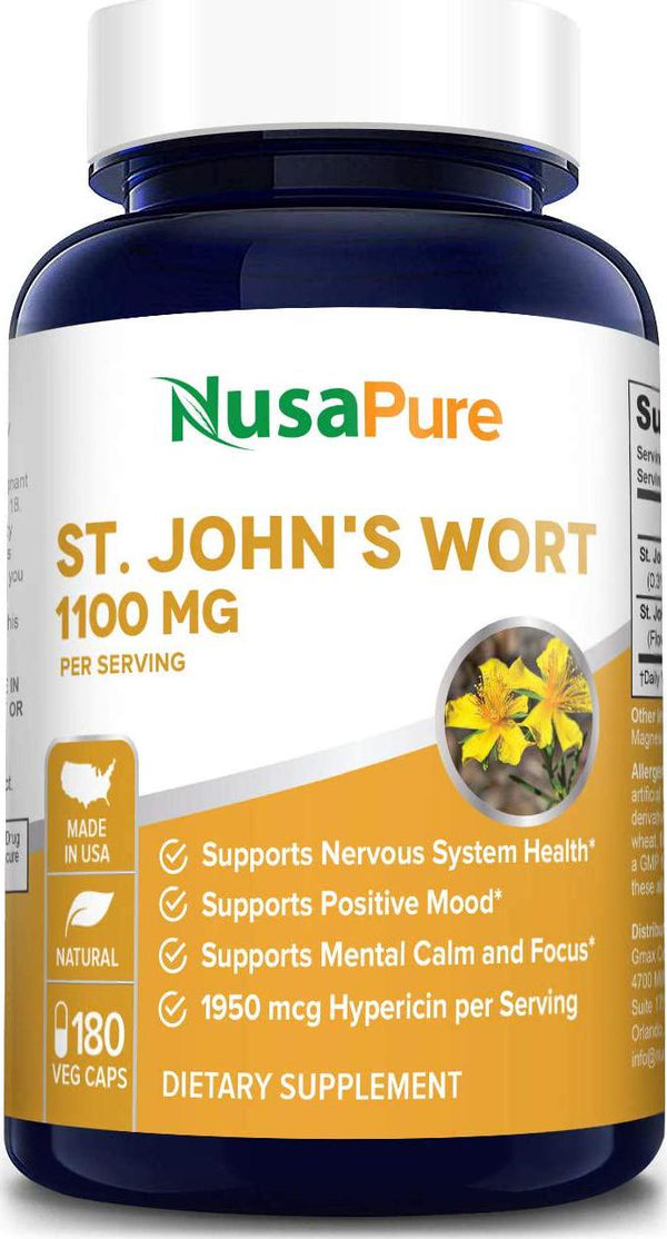 St. John&#039;s Wort 1100mg 180 Veggie Capsules (Non-GMO and Gluten Free) 1950mcg Hypericin Saint Johns Wort for Mood, Anxiety and Depression Support (550mg per Capsule)