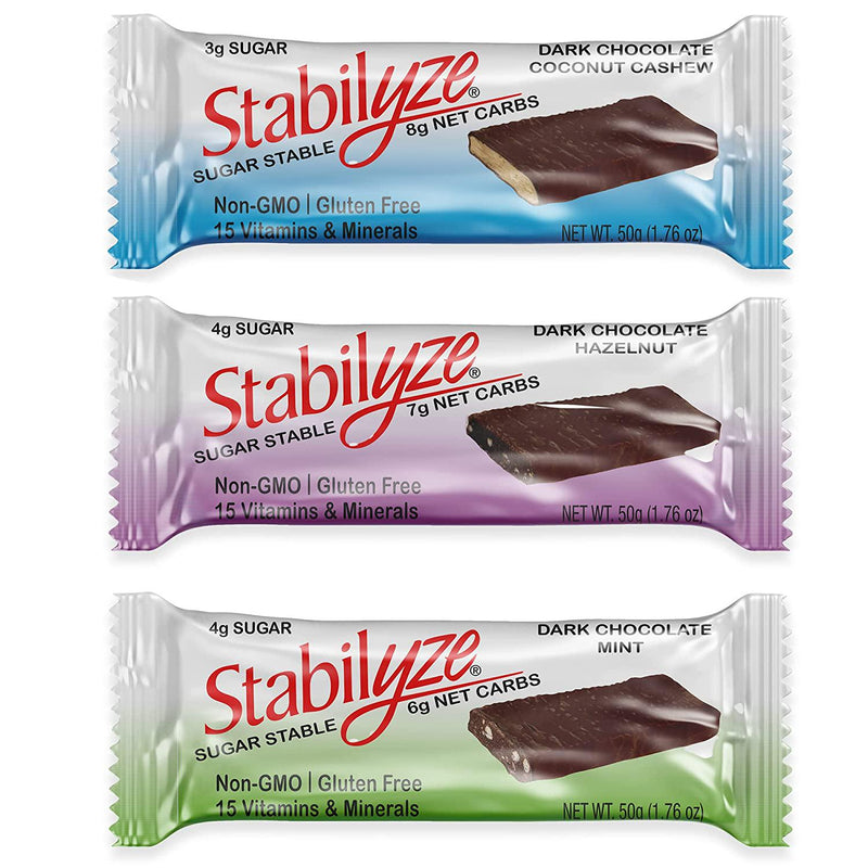 Stabilyze Nutrition Bars Variety Pack | Gluten Free Snacks w/ 15 Essential Vitamins and Minerals | Includes Mint, Coconut and Hazelnut | Protein Bars Low Sugar Low Carb, Individually Wrapped (12 Pack)