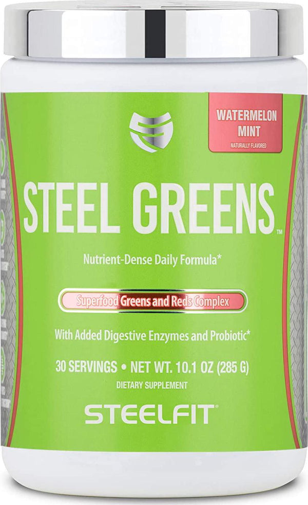 SteelFit Steel Greens - Superfood Greens and Reds Complex - Nutrient Dense Daily Formula - Added Digestive Enzyme - Probiotic - Organic Greens and Reds - Vegan - 30 Servings (Watermelon Mint)
