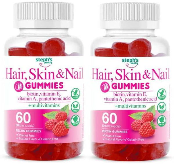Steph's Pantry Vegan Hair, Skin, and Nail Gummies - Daily Multivitamins with Biotin - Gluten-Free Nut-Free Non-GMO and Plant-Based Pectin Gummy Formula for Healthy Hair Growth and Skin Health (2 Pack)