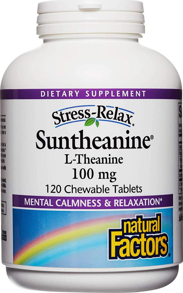 Stress-Relax Chewable Suntheanine L-Theanine 100 mg by Natural Factors, Non-Drowsy Stress Support for Mental Calmness and Relaxation, Tropical Fruit Flavor, 120 Tablets