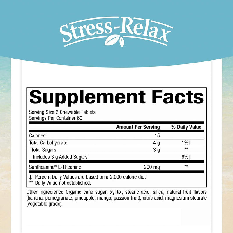 Stress-Relax Chewable Suntheanine L-Theanine 100 mg by Natural Factors, Non-Drowsy Stress Support for Mental Calmness and Relaxation, Tropical Fruit Flavor, 120 Tablets