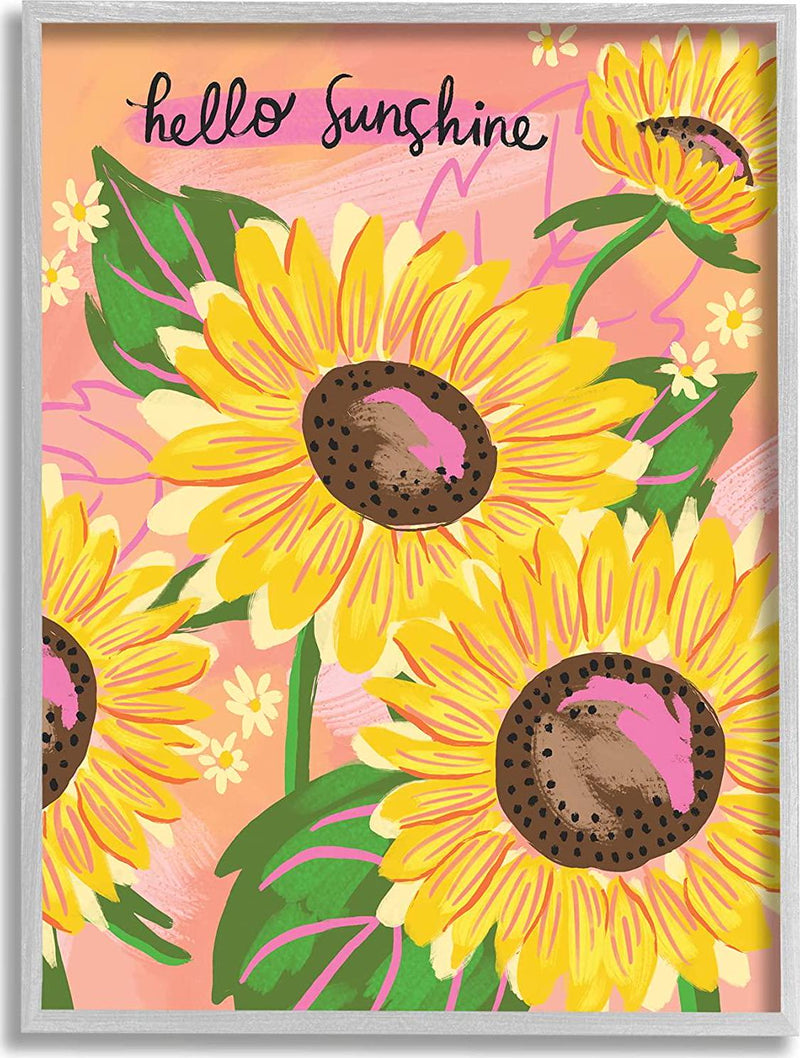 Stupell Industries Hello Sunshine Sentiment Blushing Yellow Sunflowers Small Daisies, Design by Deborah Curiel Gray Framed Wall Art, 11 x 14, Pink