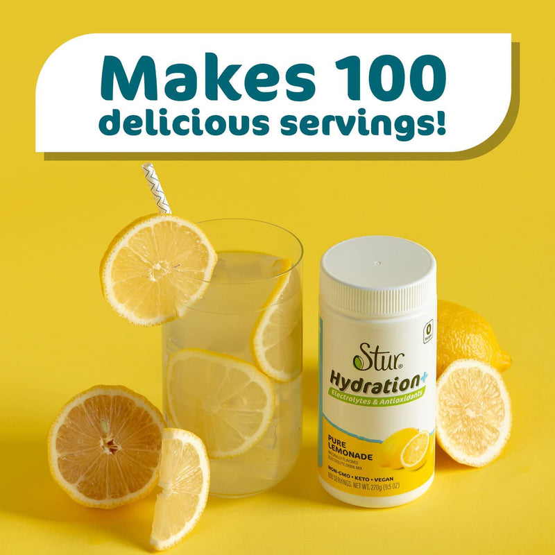 Stur Electrolyte Hydration Powder | Lemon Tea | Sugar Free | 100 Servings | High Antioxidants and B Vitamins | Non-GMO | Daily Hydration and Workout Recovery | Keto | Vegan(10.7 oz)