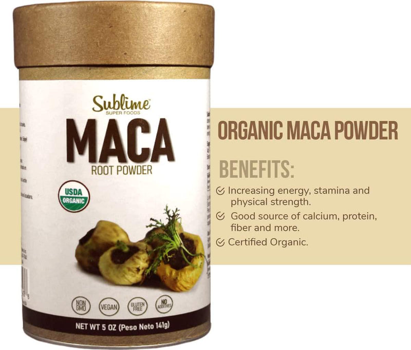 Sublime Maca Organic Superfood Powder for Increasing Energy, Stamina and Physical Strength, Plant Drink, No Added Sugar, 5oz Each