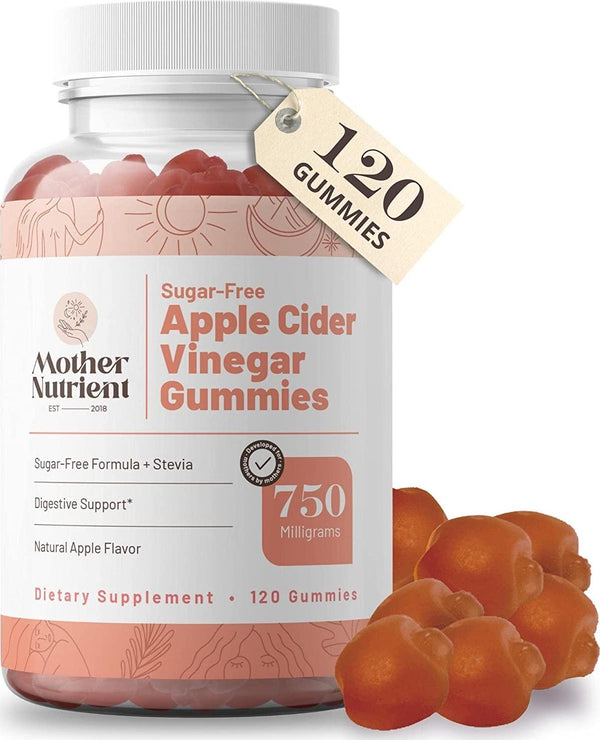 Sugar-Free Apple Cider Vinegar Gummies by Mother Nutrient Raw, Unfiltered ACV Gummies Sweetened with Stevia 2-Month Supply (120 Gummy Chewables)