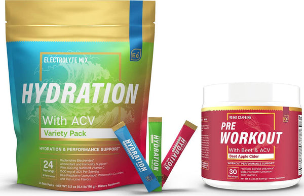 Sugar Free Hydration Powder Packets Variety - 24 Stick Packs and PreWorkout Powder with ACV | Heat, Exercise, Travel, Daily Hydration + Superfood Energy and All-Natural Nitric Oxide Booster Plus Caffeine