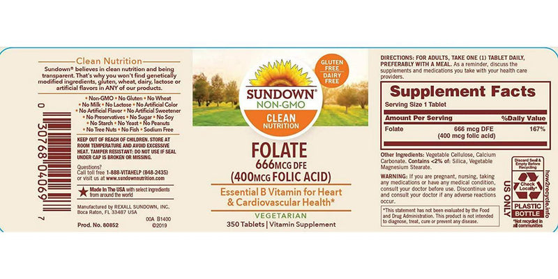 Sundown Folic Acid 400 mcg, 350 Tablets (Packaging May Vary)