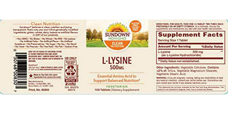 Sundown Naturals L-Lysine 500 mg Essential Amino Acids, 100 Tablets (Packaging May Vary)
