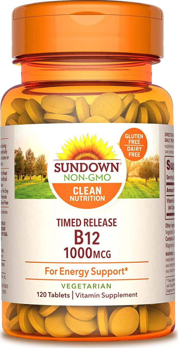 Sundown Vitamin B-12, Cellular Energy Support, Vegetarian, Vegan-Friendly 1000 mcg, Non-GMO, Free of Gluten, Dairy, Artificial Flavors 120 Count (Pack of 1)