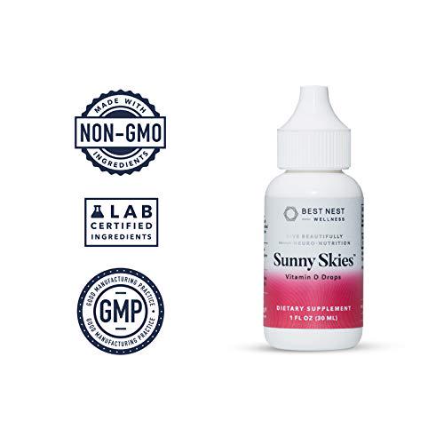 Sunny Skies Vitamin D-3 Drops, Natural Vitamin D Liquid Supplement, 2000 IU per Drop, Non-GMO, Easy-to-Use Dropper, Immune Support, 1 Oz, Best Nest Wellness