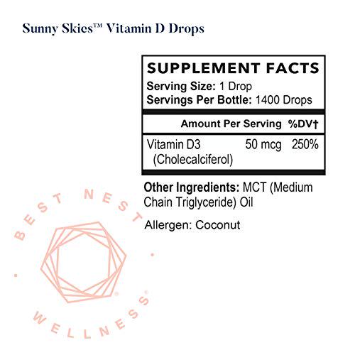 Sunny Skies Vitamin D-3 Drops, Natural Vitamin D Liquid Supplement, 2000 IU per Drop, Non-GMO, Easy-to-Use Dropper, Immune Support, 1 Oz, Best Nest Wellness