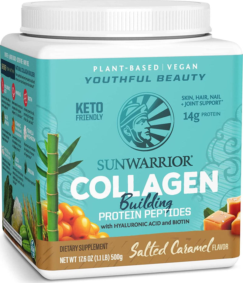 Sunwarrior Plant-Based Collagen Building Protein Peptides, Organic and Vegan Protein Powder, Hyaluronic Acid, and Biotin (Salted Caramel, 500G)