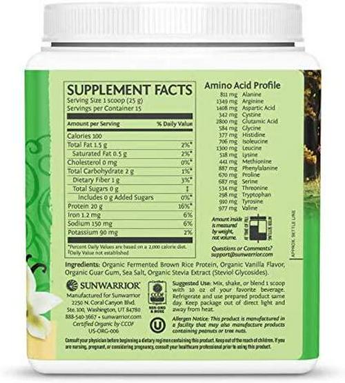 Sunwarrior Protein Classic Vanilla - 18g Protein Per Serving - Organic Plant Based and Vegan, 13.2 Ounce, 0.375 kilograms