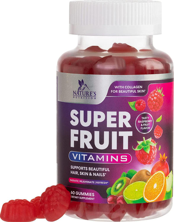 SuperFruit Gummies with Collagen, Biotin and Natural Fruit Ingredients for Beauty Hair Skin and Nails - Immune Support Gummy with Vitamin C - Non-GMO Multivitamin for Women and Men - 60 Gummies