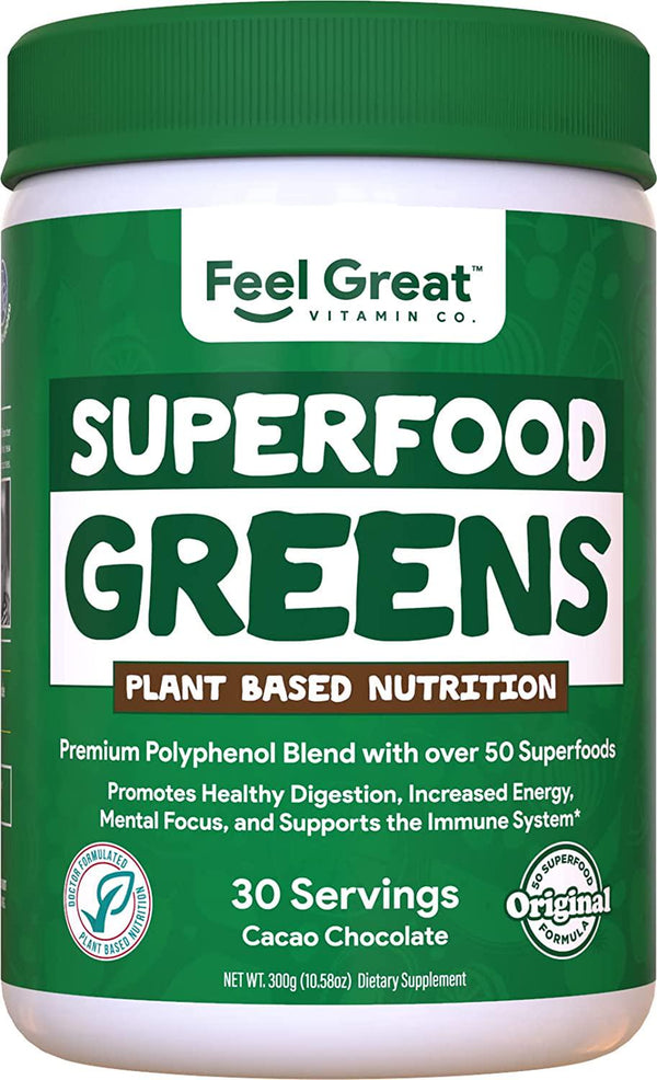Superfood Greens Powder - Cocoa Chocolate by Feel Great 365, Doctor Formulated, Organic, Whole30 Friendly, and Vegan, 100% Non-GMO with Real Green Vegetables, Polyphenols, and Probiotics