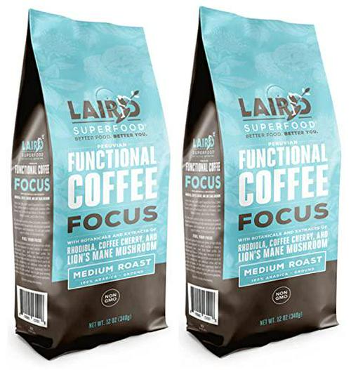 Superfood Laird Peruvian Ground Coffee with Functional Mushrooms, Certified Organic Peruvian Ground Coffee Beans, Gluten-Free, Dairy-Free, Non-GMO, Paleo, Keto Friendly - 2 Pack 12oz each (24oz Total) (Focus)