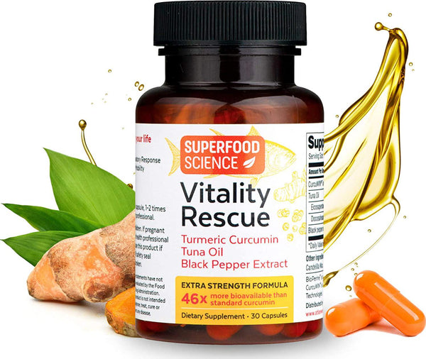 Superfood Science Vitality Rescue Turmeric Curcumin with Bioperine Black Pepper and Omega 3 Fish Oil, Tumeric Curcumin Supplement for Inflammation Relief and Joint Support, 30 Capsules