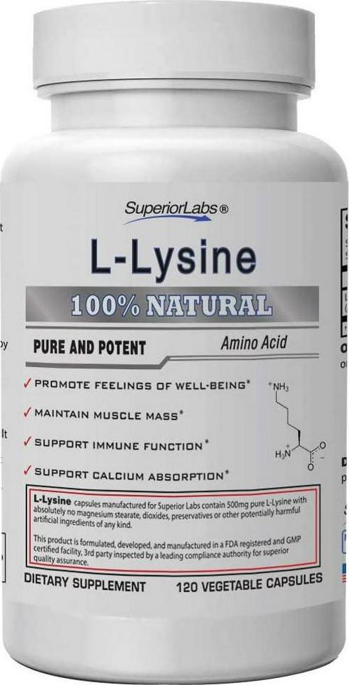 Superior Labs Best L-Lysine NonGMO - Dietary Supplement 500 mg Pure Active L-Lysine 120 Vegetable Capsules Supports Calcium Absorption Immune System and Respiratory Health Support