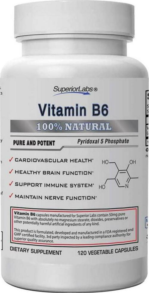 Superior Labs - Best Vitamin B6 Dietary Supplement - 50 mg Dosage,120 Vegetable Capsules -Supports Immune System Health - Healthy Brain Function - Cardiovascular Health Support