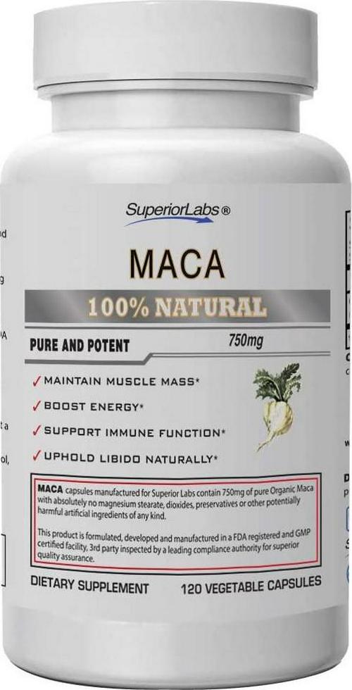 Superior Labs Organic Peruvian Maca 100% Pure NonGMO - Zero Synthetic Additives, Stearates, Dioxides - Powerful Formula for Healthy Energy, Mood, Sleep and Stress - 750mg, 120 Vegetable Capsules