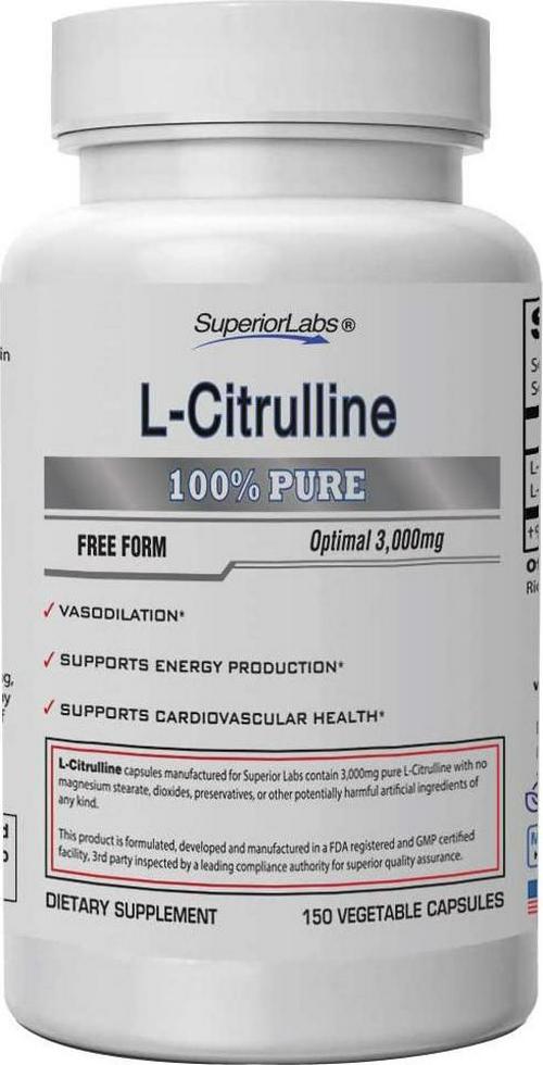Superior Labs Pure L-Citrulline Free Form Optimal 3,000mg Dosage 150 Vegetable Capsules Supports Vasodilation, Energy Production and Cardiovascular Health