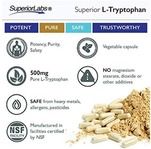 Superior Labs - Pure L-Tryptophan - 500mg, 120 Vegetable Capsules - Non-GMO Dietary Supplement - Restful Sleep and Relaxation - Maintains Serotonin Levels - Helps Improve Circulation and Reduce Stress.