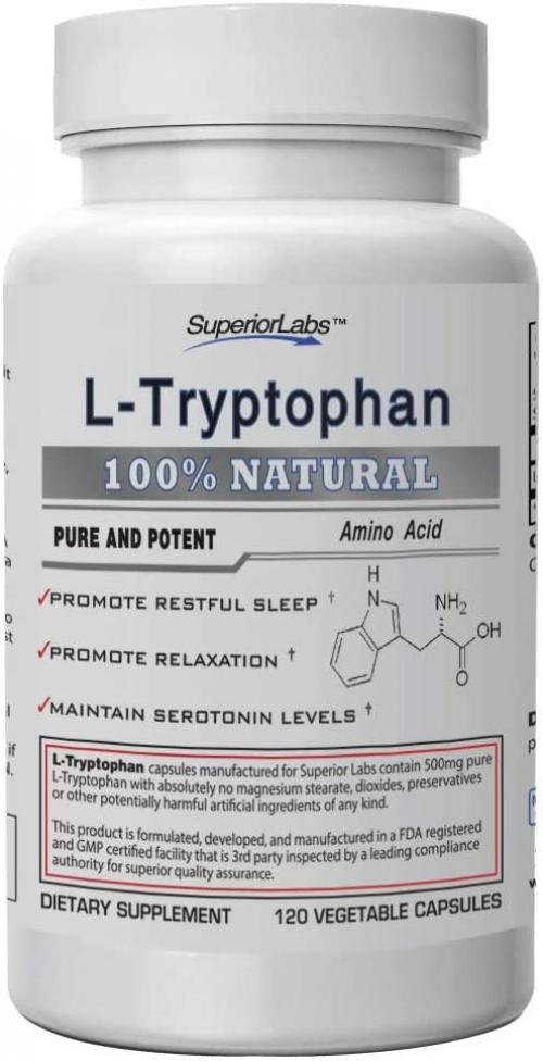 Superior Labs Pure L-Tryptophan 500mg, 120 Vegetable Capsules Non-GMO Dietary Supplement for Restful Sleep and Relaxation Supports Feelings of Well Being and Healthy Circulation Circulation