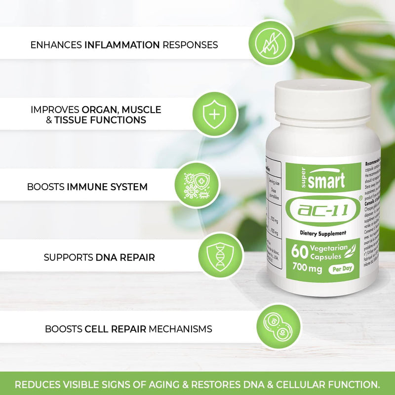 Supersmart - Anti-Aging - AC-11 Supplement - Revolutionary Botanical Extract That Can Help Repairing Damaged DNA. Each Capsule 350 Mg - Non-GMO - 60 Vegetarian Capsules