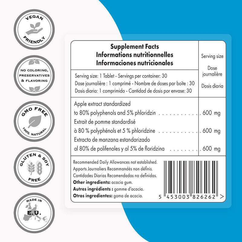 Supersmart - Apple Polyphenols 600 mg Per Day - Apple Extract Standardized to 80 % Polyphenols and 5 % Phloridzin - Natural Supplement for Longevity and Anti Aging | Non-GMO and Gluten Free - 30 Tablets