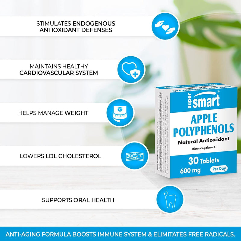Supersmart - Apple Polyphenols 600 mg Per Day - Apple Extract Standardized to 80 % Polyphenols and 5 % Phloridzin - Natural Supplement for Longevity and Anti Aging | Non-GMO and Gluten Free - 30 Tablets