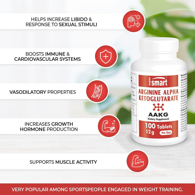 Supersmart - Arginine Alpha Ketoglutarate (AAKG) 12 g Per Serving - Amino Acid Boost Immune System - Support Healthy Cardiovascular System and Muscle Mass | Non-GMO and Gluten Free - 100 Tablets