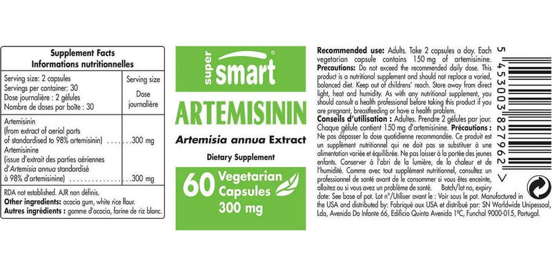 Supersmart - Artemisinin 300 mg Per Day - Artemisia Annua Standardized to 98% Artemisinin - Boost Immune System | Non-GMO and Gluten Free - 60 Vegetarian Capsules
